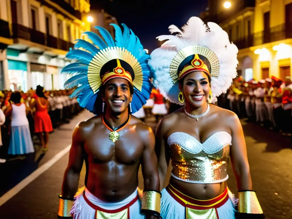 Tradición Desfile Llamadas Uruguay, una escena nocturna llena de color y alegría, con danzas y ritmos vibrantes bajo un cielo de confeti