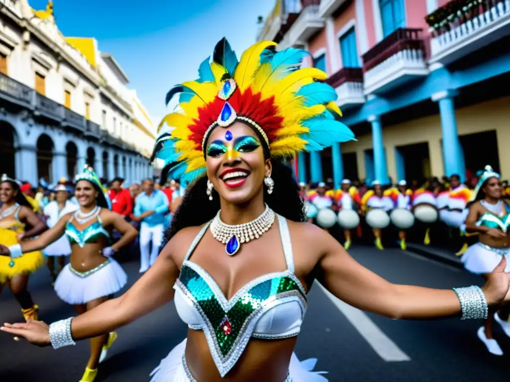 Desfile vibrante de eventos artísticos Uruguay 2022: bailarines coloridos danzan al ritmo de tambores de Candombe bajo un cielo azul