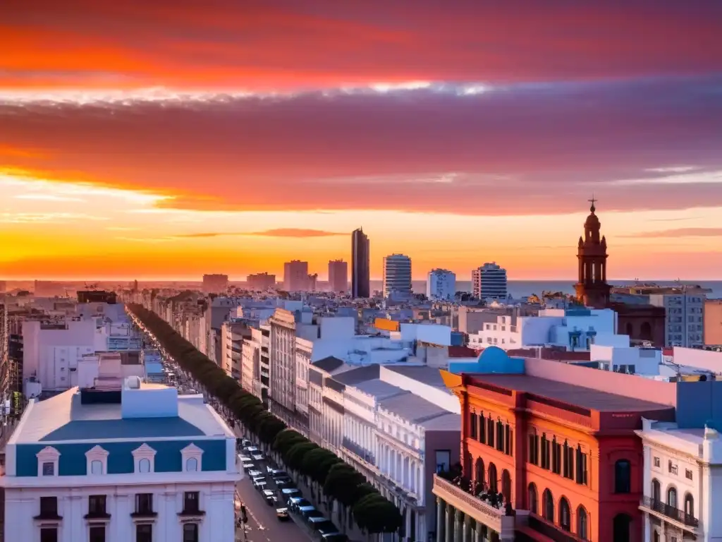 Deslumbrante puesta de sol ilumina Montevideo, Uruguay, fusionando historia y modernidad en su vibrante skyline