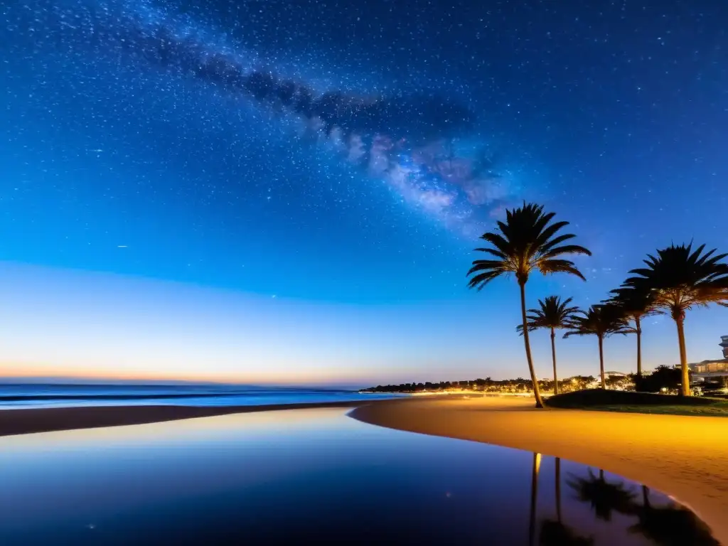 Destino de playa glamuroso Uruguay, Punta del Este, brilla bajo un cielo estrellado, con risas, luces y yates de lujo