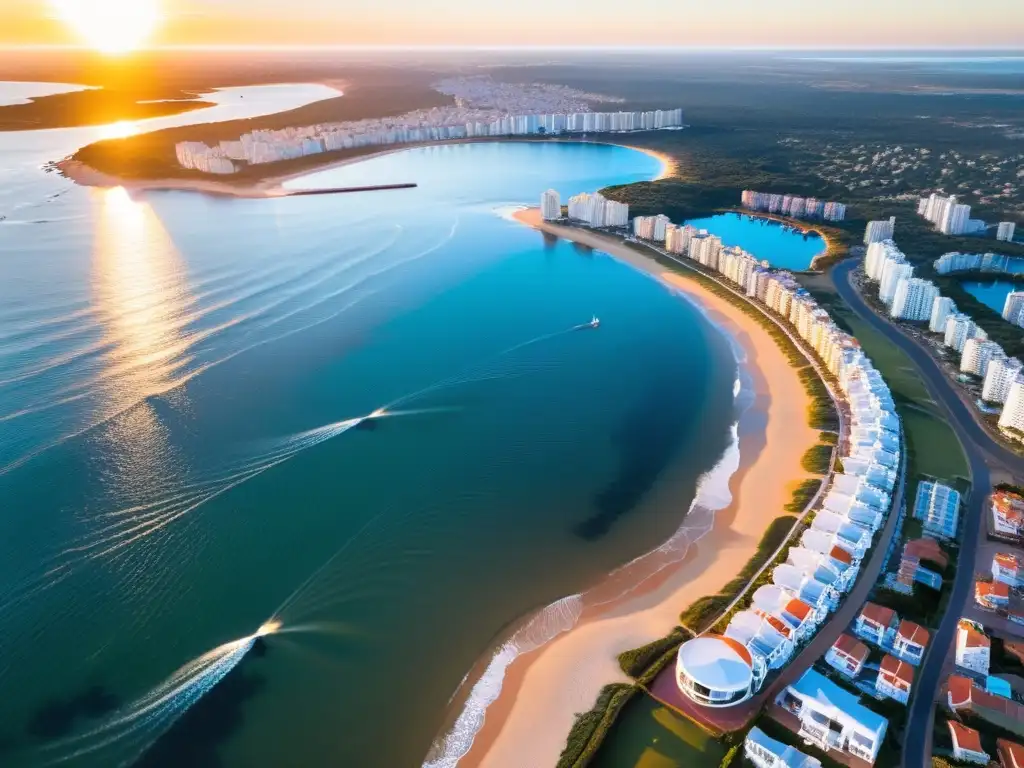 Destino de playa glamuroso Uruguay, Punta del Este resplandece al atardecer, yates de lujo, 'La Mano' y una ciudad vibrante