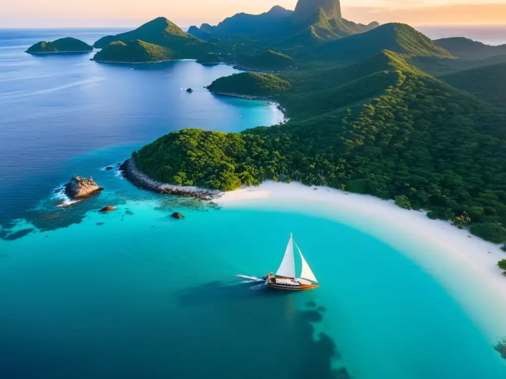 Destino turístico Isla Timoteo Domínguez al atardecer, con su faro imponente, casas coloniales y un barco volviendo al puerto idílico