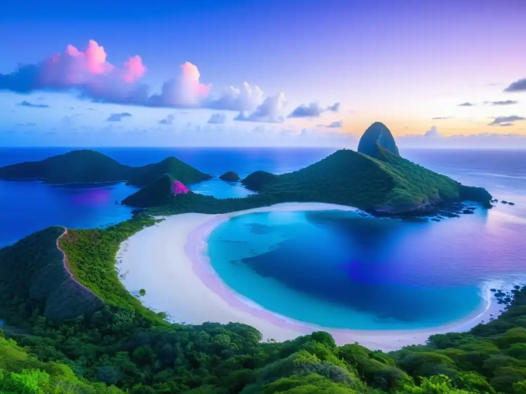 Destino turístico Isla Timoteo Domínguez al amanecer, con playas blancas, vegetación exuberante y el cielo en tonos rosados y morados