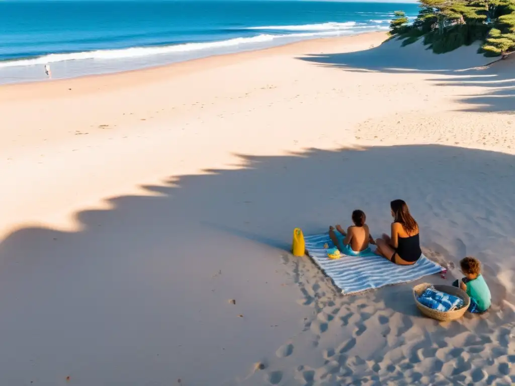 Destinos y actividades para niños en Uruguay: una vista panorámica de una playa en Punta del Este, llena de alegría, juegos y picnics familiares