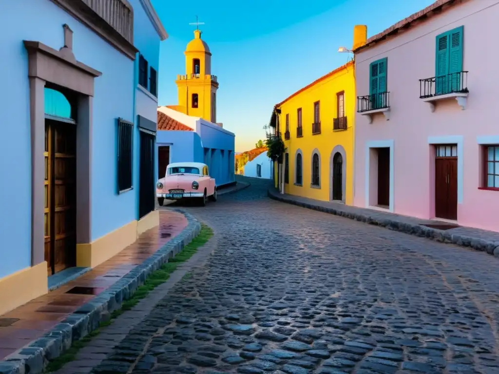 Destinos destacados de Uruguay: una calle empedrada en Colonia del Sacramento al atardecer, con un coche vintage y enamorados paseando