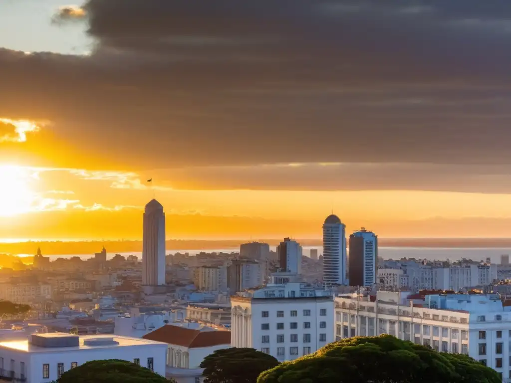 Destinos destacados de Uruguay: vista panorámica de Montevideo al atardecer, mezcla arquitectónica única y vibrantes cielos dorados