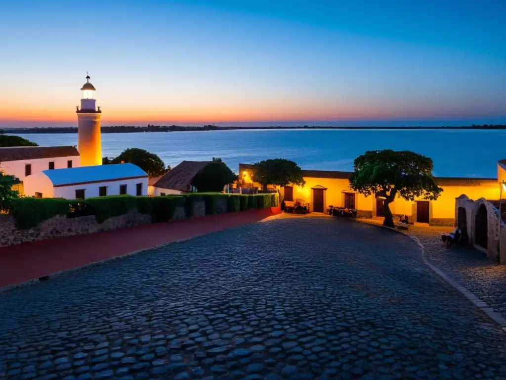 Destinos destacados de Uruguay: Vista panorámica y cautivadora de Colonia del Sacramento iluminada al atardecer, mezcla de historia y belleza natural