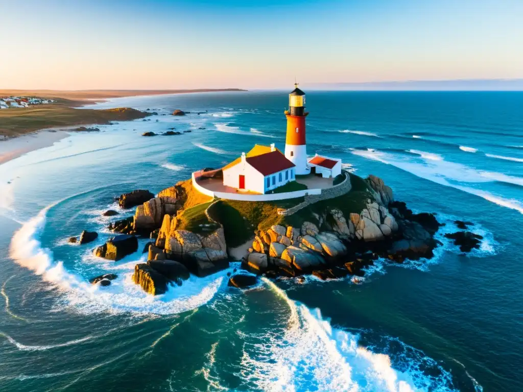 Destinos destacados de Uruguay: Cabo Polonio, un faro rústico al atardecer, casas coloridas entre dunas y el Atlántico embravecido