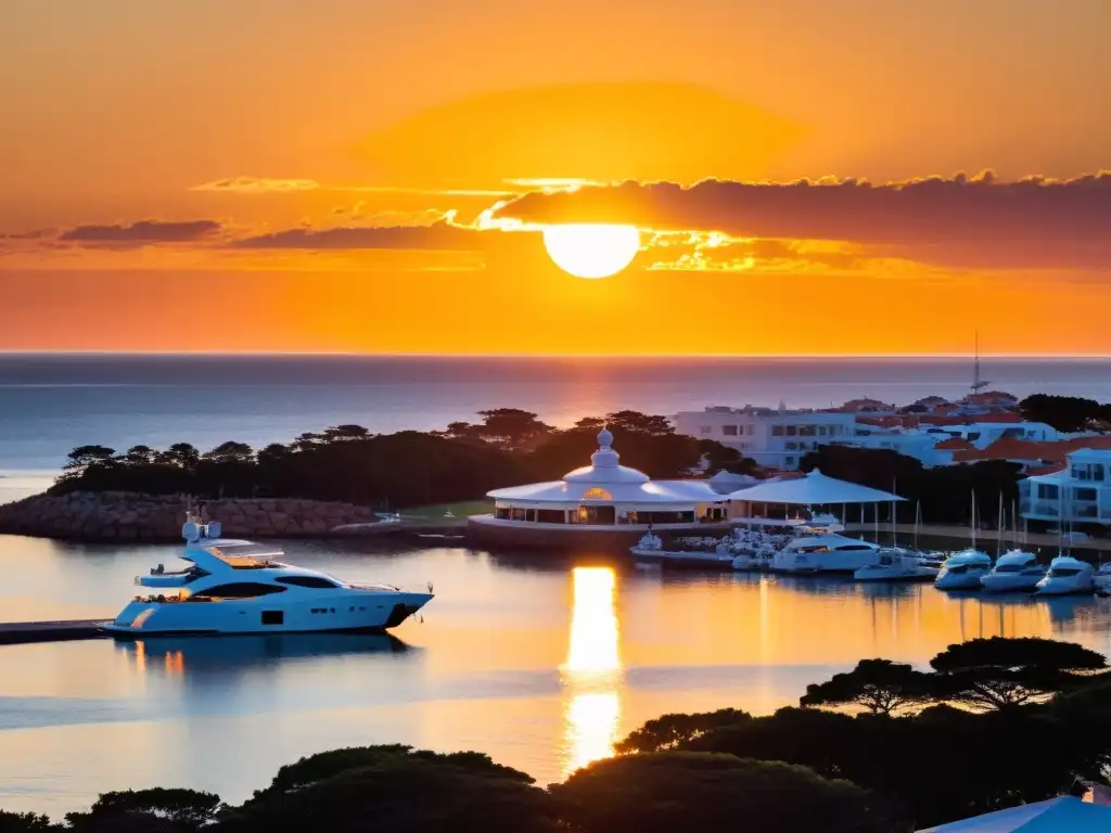 Destinos exclusivos Uruguay viaje lujo: Atardecer dorado en Punta del Este, yates lujosos, vibrante vida urbana y el icónico Casapueblo