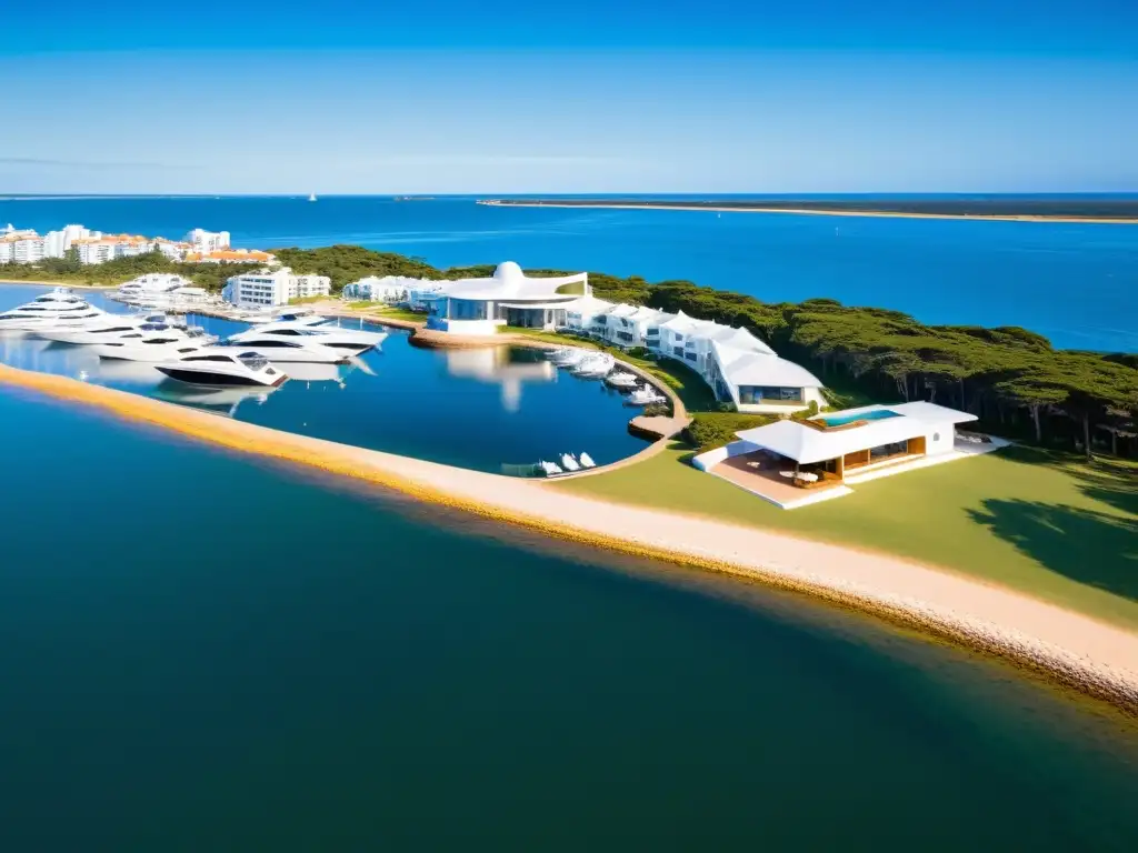 Destinos exclusivos Uruguay viaje lujo: Atardecer deslumbrante en Punta del Este, yates lujosos, villas frente al mar y un faro icónico