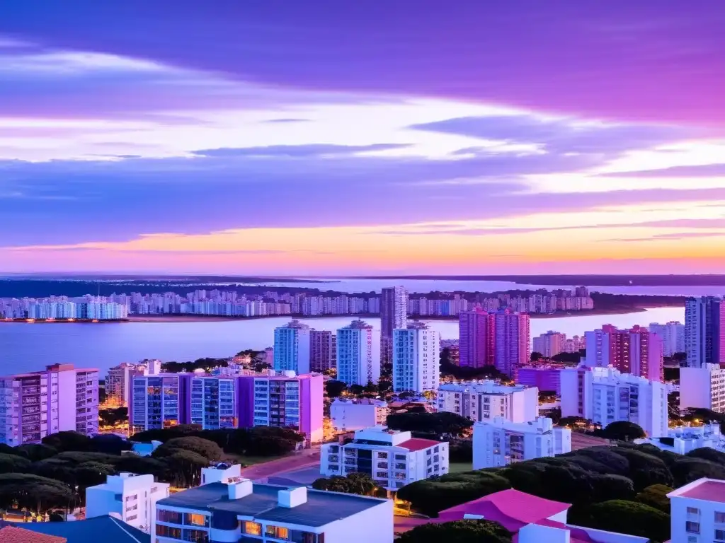 Destinos exclusivos Uruguay viaje lujo: atardecer pintando de colores el lujoso skyline de Punta del Este, yates y cócteles en la playa