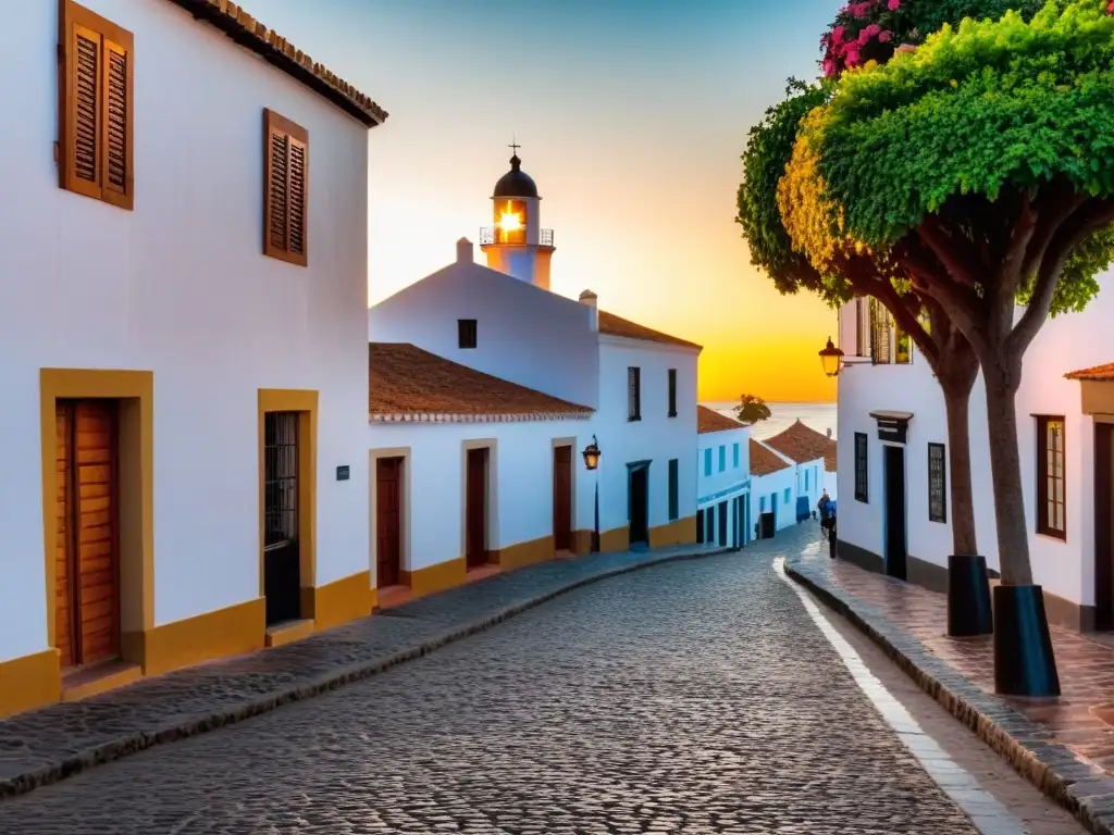 Destinos fascinantes Uruguay presupuesto ajustado: encantador atardecer en la histórica Colonia del Sacramento, bajo la luz naranja