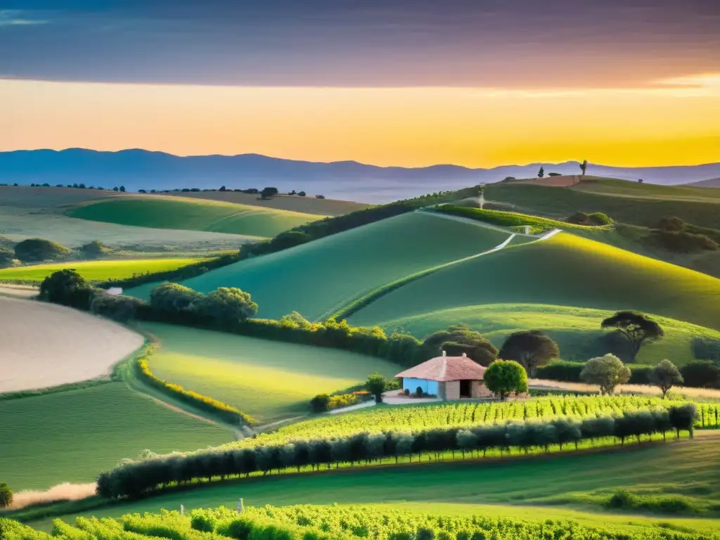 Destinos rurales para desconexión en Uruguay: atardecer sereno, granja acogedora, colinas verdes, ganado y viñedos