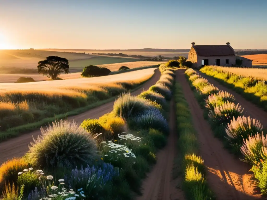 Destinos rurales desconexión Uruguay: camino serpenteante hacia una casa rústica en un atardecer dorado, símbolo de tranquilidad