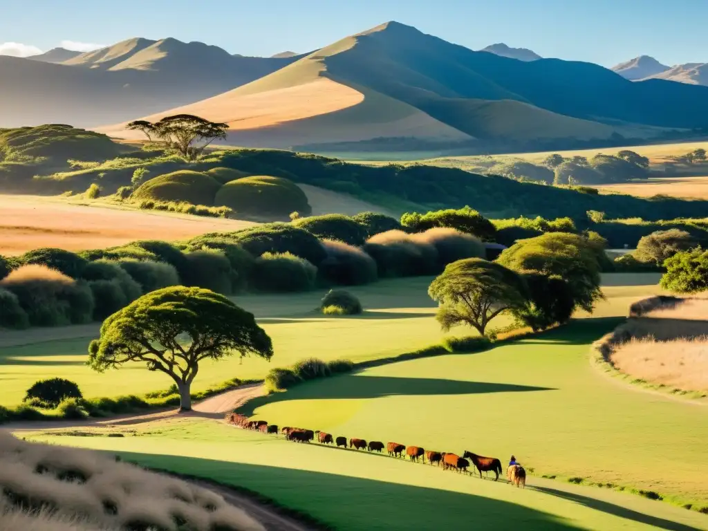 Destinos rurales desconexión Uruguay: estancia idílica en la dorada hora, con actividades rurales, un auto vintage y un camino al atardecer