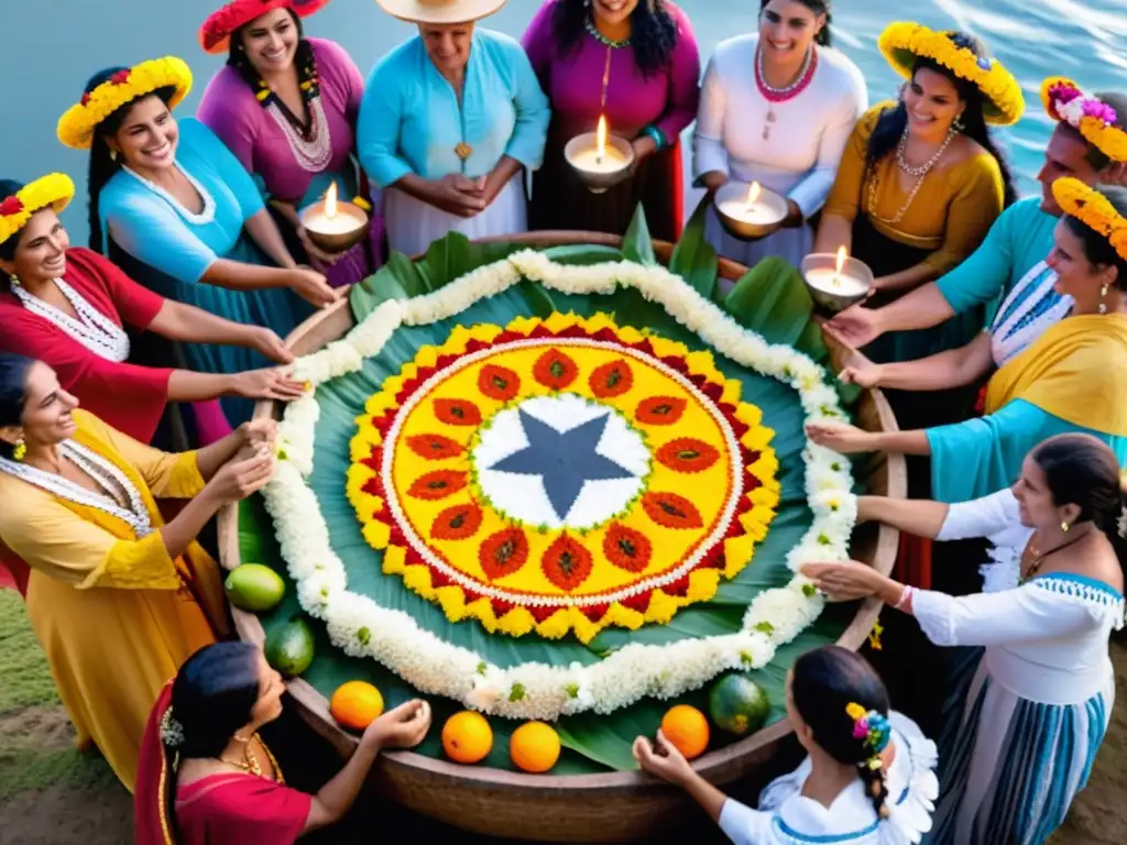 Devotos en la Fiesta de Iemanjá en Uruguay, rodean un altar lleno de ofrendas mientras el sol se pone, marcando un momento de fervor y cultura