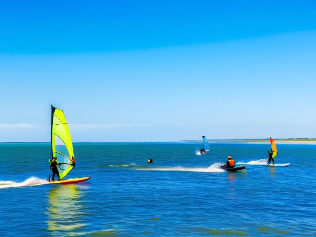 Un día soleado en Uruguay, deportes acuáticos llenan el Rio de la Plata, desde windsurfistas a jet-skiers, bajo la atenta mirada del salvavidas