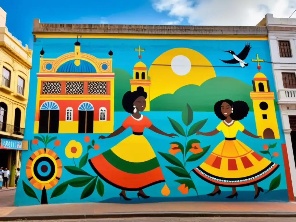 Día soleado ilumina una colorida y detallada obra de arte urbano en Uruguay, guía cultural y viva de Montevideo, admirada por peatones