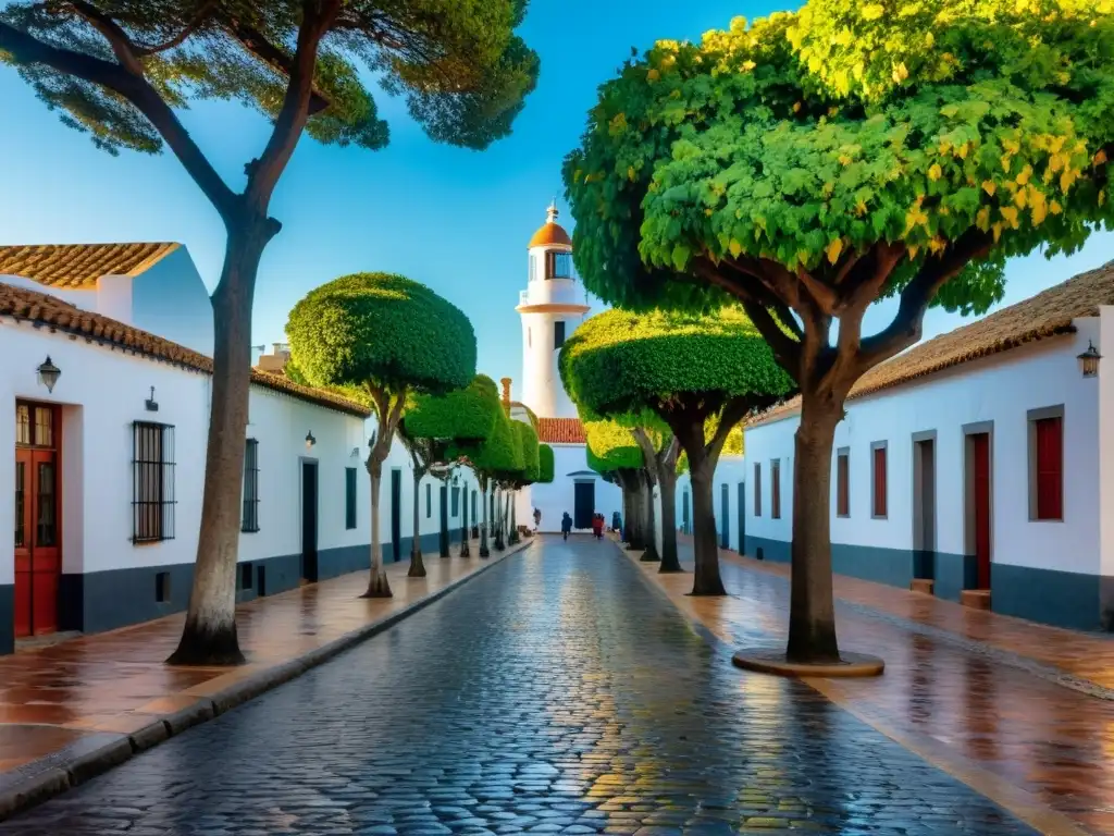 Diario de viaje Colonia del Sacramento: calles empedradas, faro encantador, edificios coloniales bajo un cielo pintado de purpura y oro al atardecer