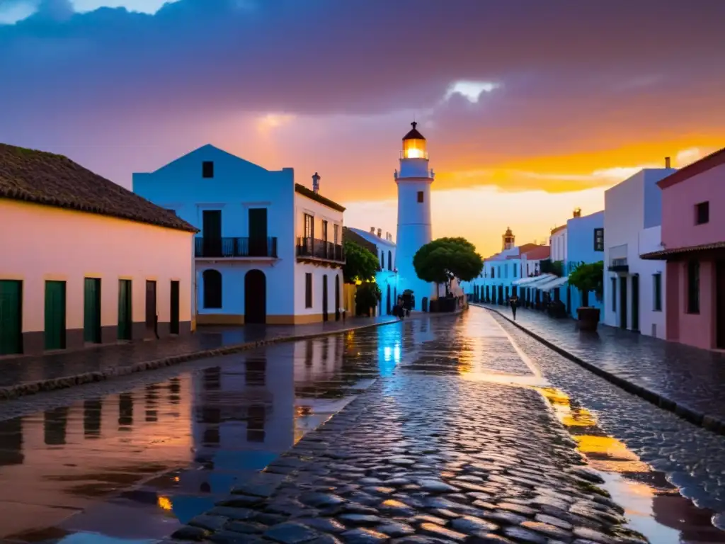 Diario de viaje Colonia del Sacramento: atardecer sobre calles empedradas mojadas, faro icónico y vida local