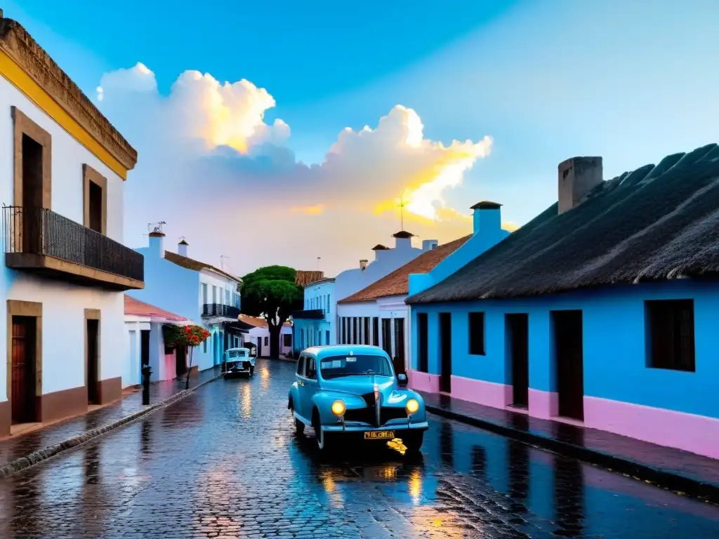 Amanecer en 'Diario de viaje Colonia del Sacramento', con calles empedradas húmedas, casas coloniales, un auto vintage y el faro imponente