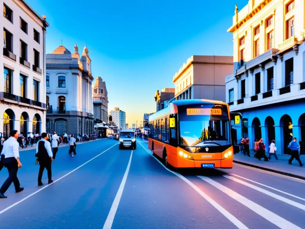 La dinámica calle de Montevideo, Uruguay, iluminada por un atardecer cálido, donde la gente utiliza aplicaciones de transporte en Uruguay