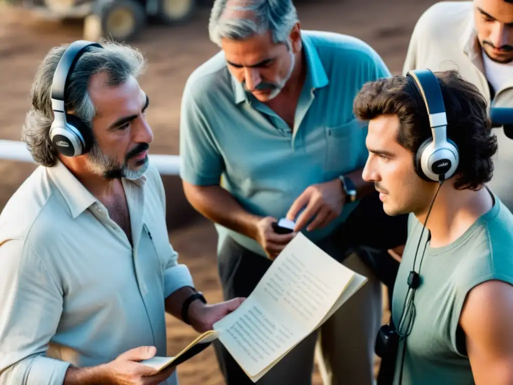 Director uruguayo y actor emergente debaten apasionadamente un guion en el set de cine uruguayo, éxitos, belleza y cultura en cada detalle