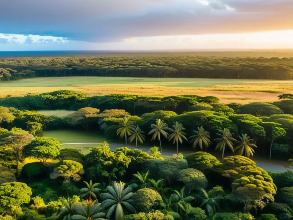 Biodiversidad de Santa Teresa Uruguay: panorámica dorada de flora exuberante y fauna pacífica, bajo un cielo pintado de colores vibrantes