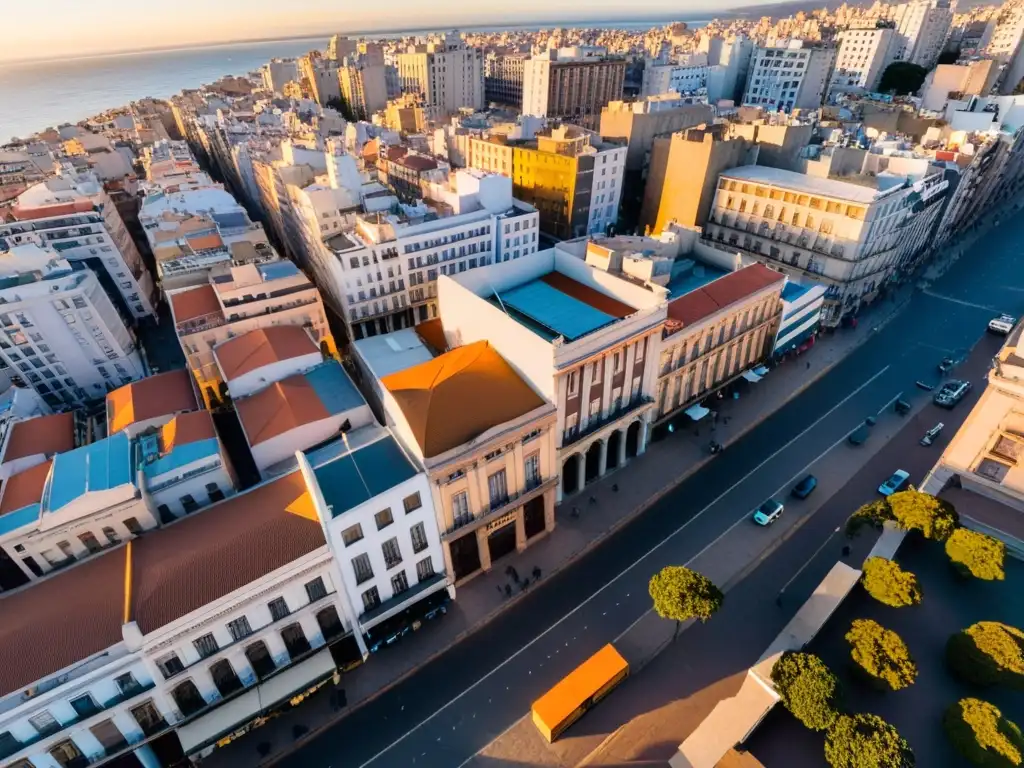 Montevideo durante la dorada puesta de sol, destacando alojamientos económicos para tus consejos de alojamiento económico en Uruguay