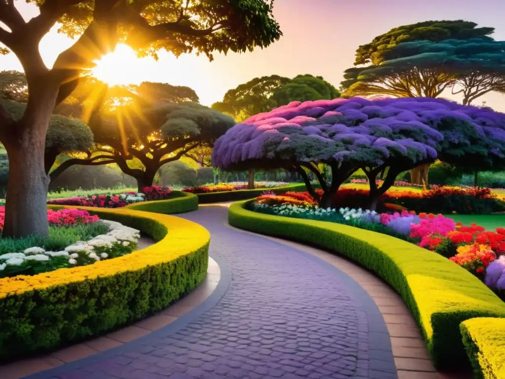 La dorada puesta de sol ilumina los Jardines botánicos de Uruguay: belleza y relajación en un entorno de flores vibrantes y serenos estanques