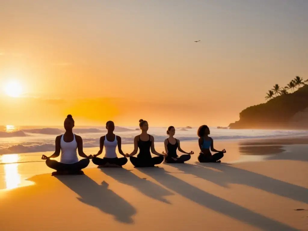 El dorado atardecer baña la playa serena mientras un grupo diverso realiza clases de yoga al aire libre en Uruguay, fusionando paz y bienestar