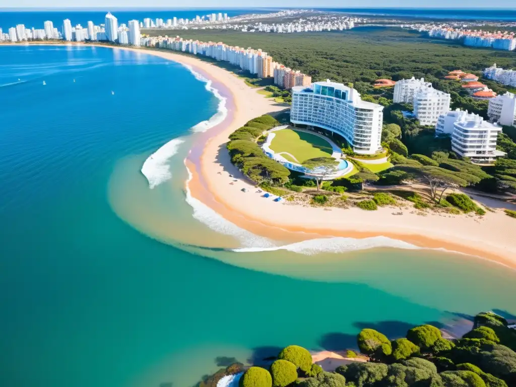 Dorado atardecer en Punta del Este, joya de los destinos exclusivos Uruguay viaje lujo, con su deslumbrante paisaje de rascacielos y lujosos yates