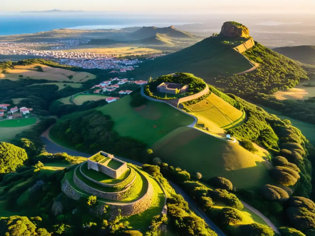 Amanecer dorado en Cerro de los Santos Uruguay, mezcla de ruinas arqueológicas y ciudad moderna, patrimonio de la UNESCO