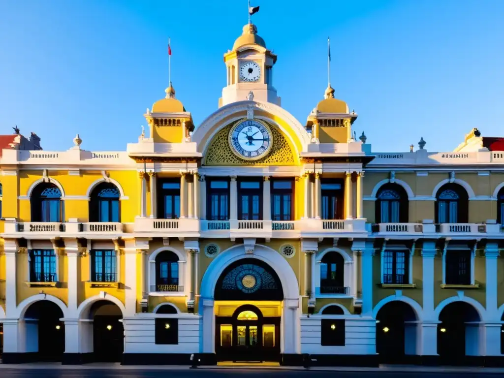 Amanecer dorado en la Estación AFE Montevideo centro cultural, con su torre del reloj destacando entre tonos pastel y calles adoquinadas