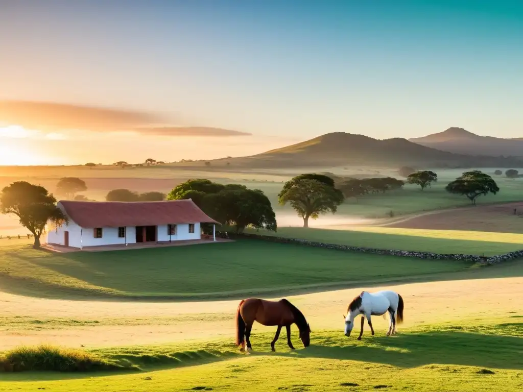 Amanecer dorado en una de las estancias rurales en Uruguay, con caballos pastando y viñedos en la distancia