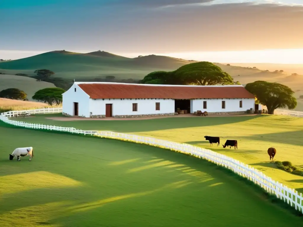 Amanecer dorado en estancias uruguayas, tradición y belleza del campo con gaucho a caballo, ganado y casa de piedra