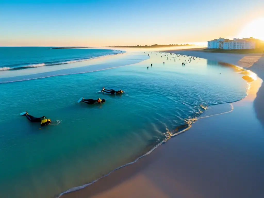 Amanecer dorado en 'Eventos acuáticos en playas uruguayas', atletas se preparan mientras espectadores admiran el mar turquesa