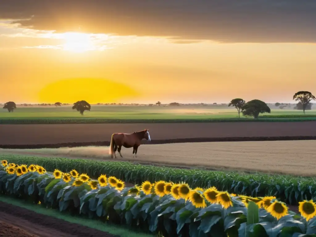 Amanecer dorado iluminando la extensa y verde agricultura uruguaya, con un gaucho guiando ganado y eventos gastronómicos al aire libre preparándose en la finca