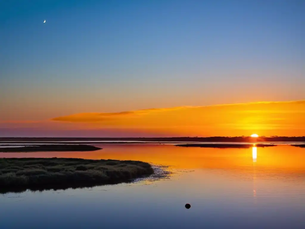 Amanecer dorado ilumina la biodiversidad en las Lagunas de Rocha, Uruguay, reflejándose en sus aguas mientras la gente disfruta su belleza