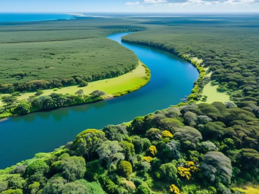 Amanecer dorado ilumina la majestuosidad del Parque Nacional Santa Teresa Uruguay, con su rica biodiversidad, río azul y bruma matutina