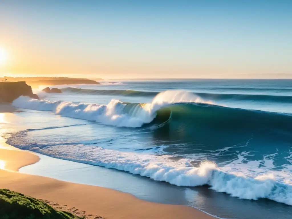 Amanecer dorado en uno de los mejores spots de surf en Uruguay, con un solitario surfero dominando las agitadas olas del Atlántico