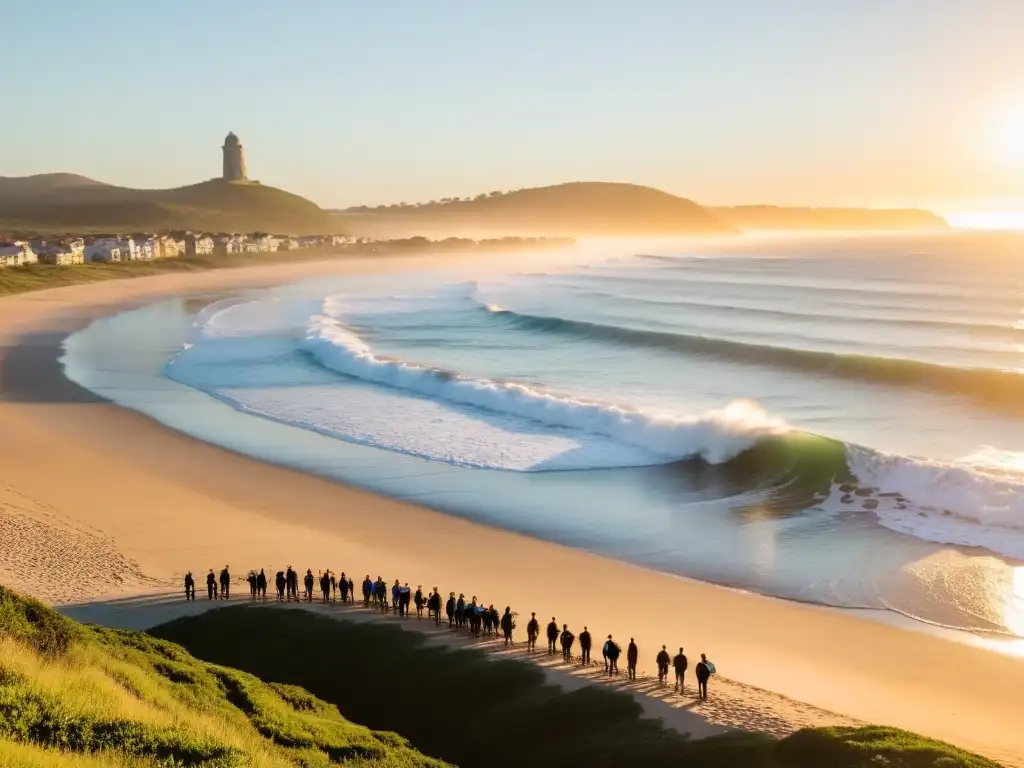 Amanecer dorado en La Paloma, uno de los secretos del surf en Uruguay, donde apasionados surfistas se preparan junto al mar