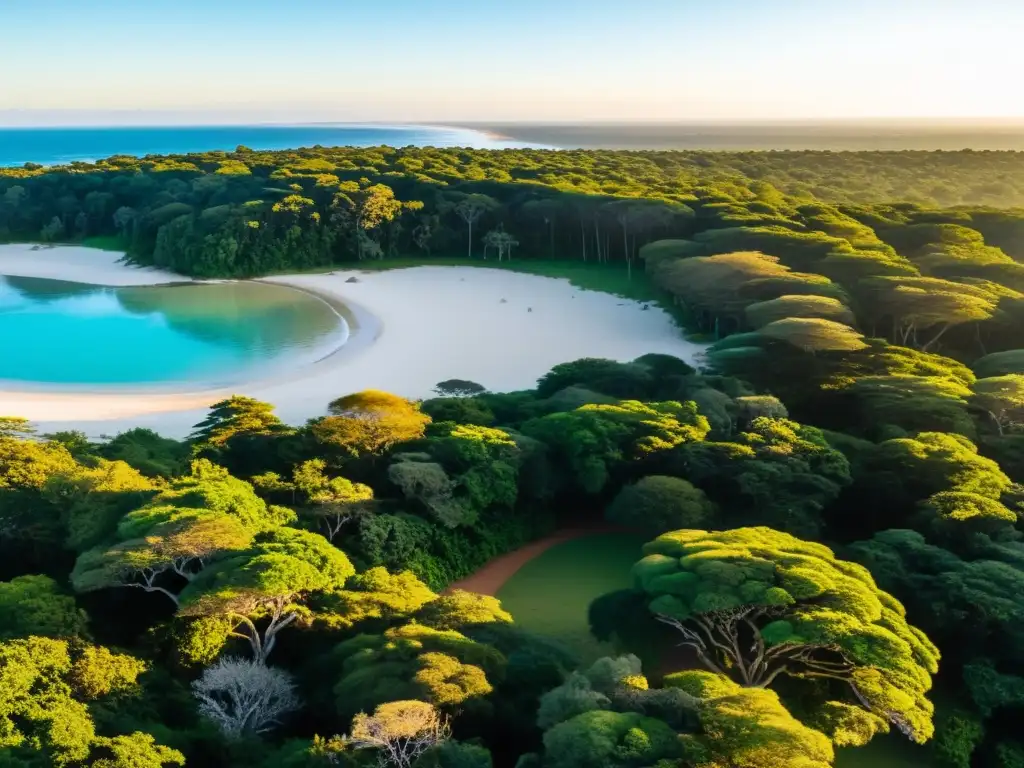 Amanecer dorado en el Parque Nacional Santa Teresa Uruguay, con su selva exuberante, playas prístinas y antigua fortaleza