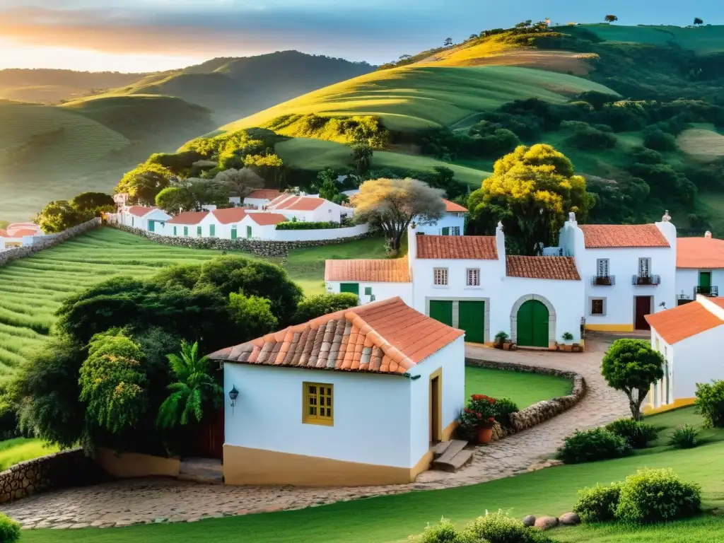 Amanecer dorado en uno de los pueblos bonitos de Uruguay, donde la sencillez y encanto de sus casas coloniales se entremezclan con la naturaleza