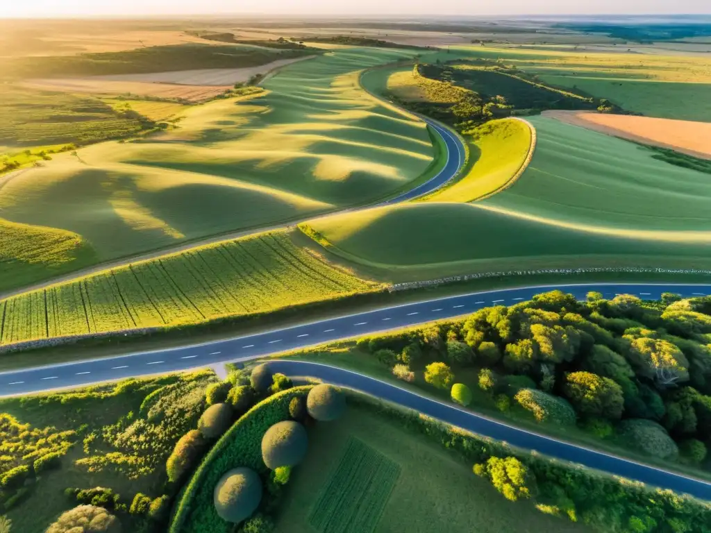 Amanecer dorado en la Ruta de los Molinos en Uruguay, rodeada de prados verdes y antiguos molinos de piedra