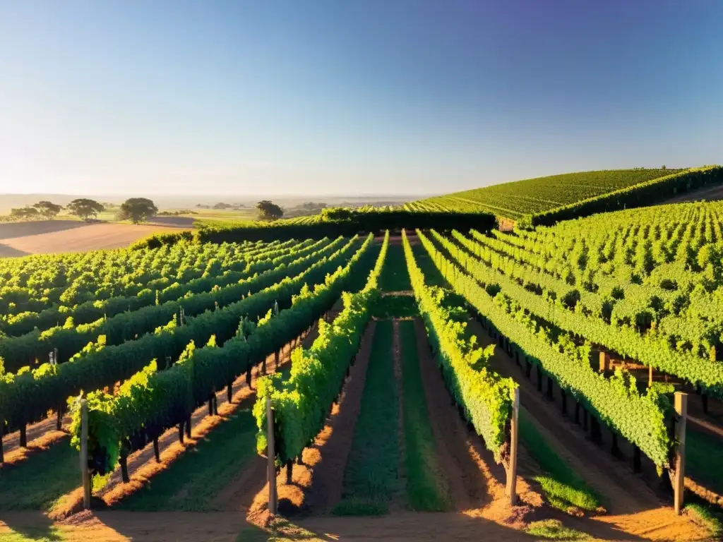 Amanecer dorado en viñedos uruguayos para fotógrafos paisajistas, uvas moradas y casa tradicional lejana