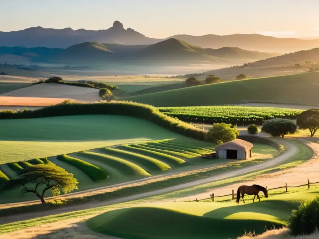 Dramático atardecer en los destinos rurales para desconexión en Uruguay, con campos verdes, estancias auténticas y gauchos