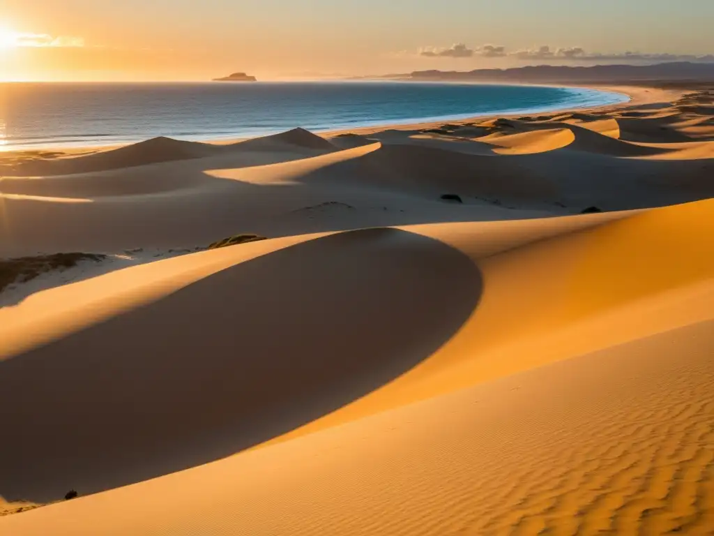 Explorando dunas doradas Cabo Polonio, bajo un cielo azul, con huellas que cuentan historias y el faro como guía