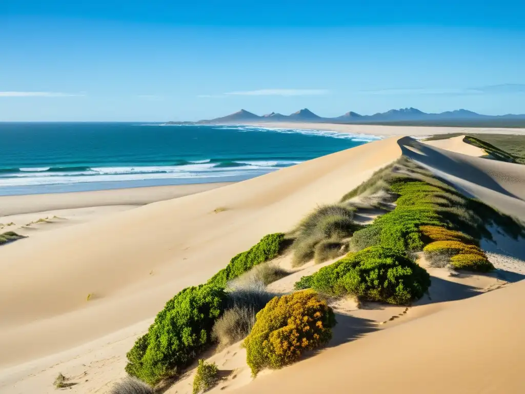 Explorando dunas doradas Cabo Polonio, donde leones marinos toman el sol y el faro guía a los marinos, bajo un cielo azul brillante