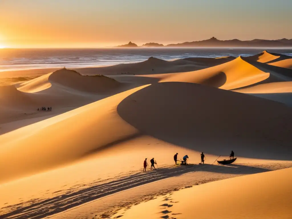 Explorando dunas doradas Cabo Polonio al atardecer, con residentes locales en actividades tradicionales y un faro rústico de fondo